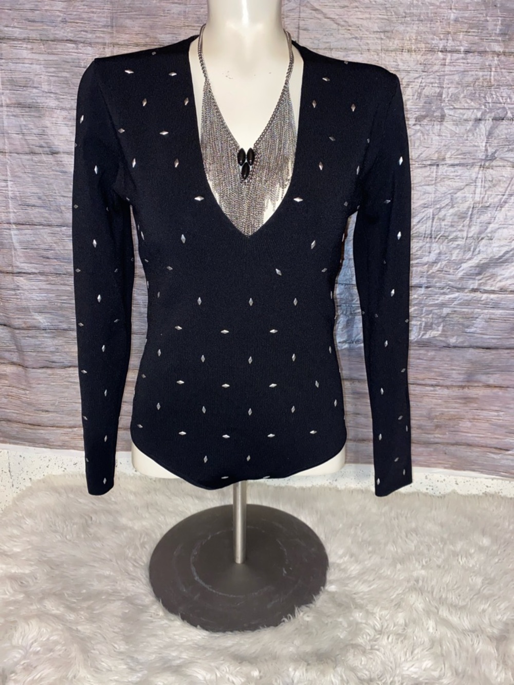 Zara Black Ribbed V‑Neck Long Sleeve Bodysuit with Silver Accents